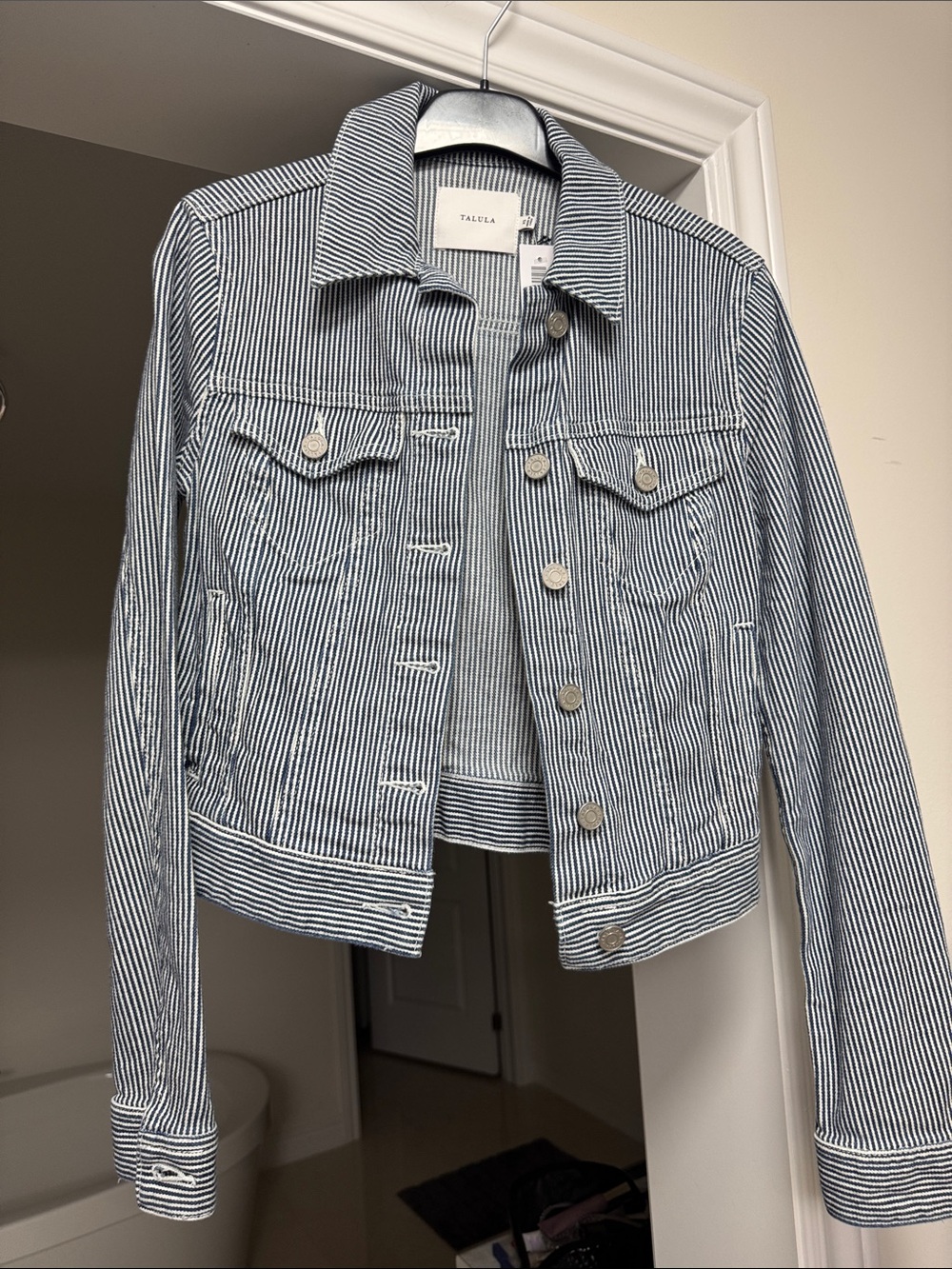 Talula Pinstripe Denim Jacket in Navy & White